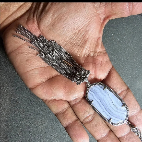 Kendra Scott Blue Lace Agate Rayne Silver Tone Statement Tassel Necklace 28" Lng - Picture 5 of 8